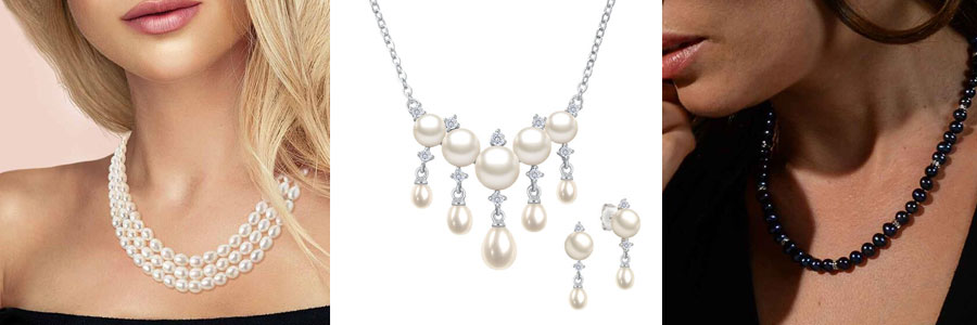 Cultured Pearl Jewelry female model wearing cultured pearl necklace